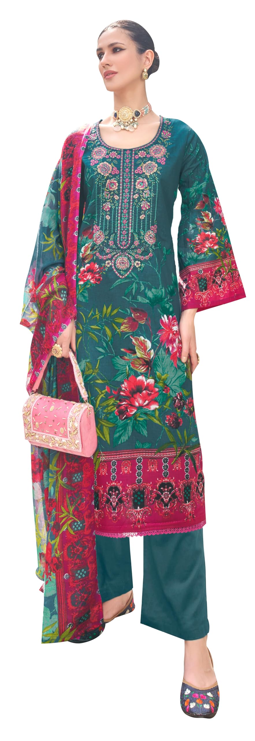 DRAVINAM Trends Cambric Cotton Pakistani Embroidered Suit Dress Material with Unstitched Bottoms and Cotton Dupatta