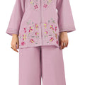 DRAVINAM Trends Women's Stitched Embroidered Pure Roman Silk Co-ord Set II Embroidered Collar Neck Shirt Style Silk Top II Solid Pants (L / 40)