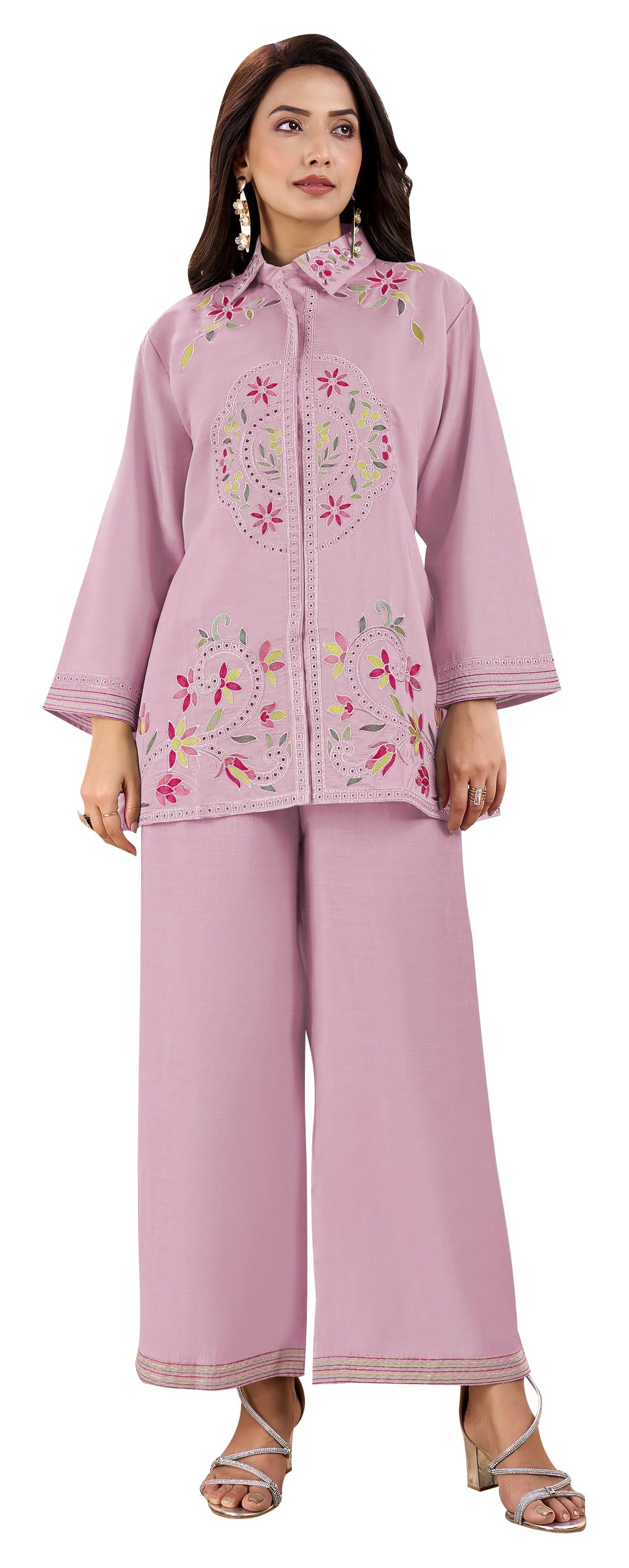 DRAVINAM Trends Women's Stitched Embroidered Pure Roman Silk Co-ord Set II Embroidered Collar Neck Shirt Style Silk Top II Solid Pants (L / 40)