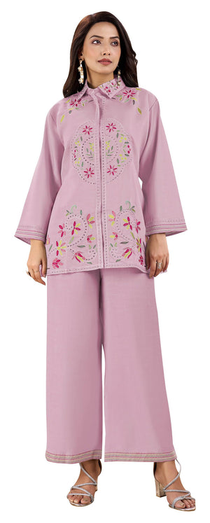 DRAVINAM Trends Women's Stitched Embroidered Pure Roman Silk Co-ord Set II Embroidered Collar Neck Shirt Style Silk Top II Solid Pants (L / 40)