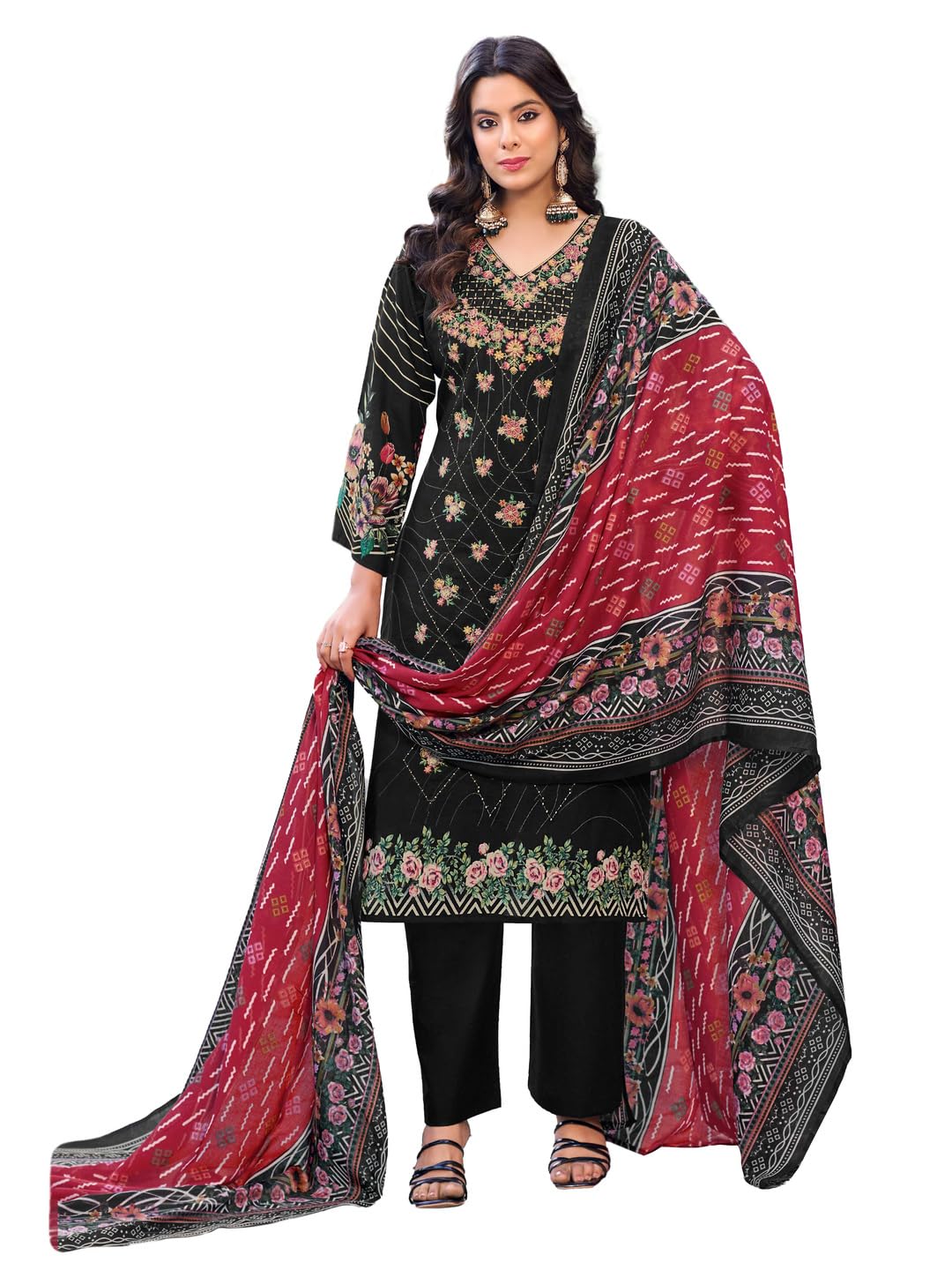 DRAVINAM Trends Women's Pure Lawn Cotton Pakistani Embroidered Suit Dress Material with Unstitched Bottoms and Cotton Dupatta