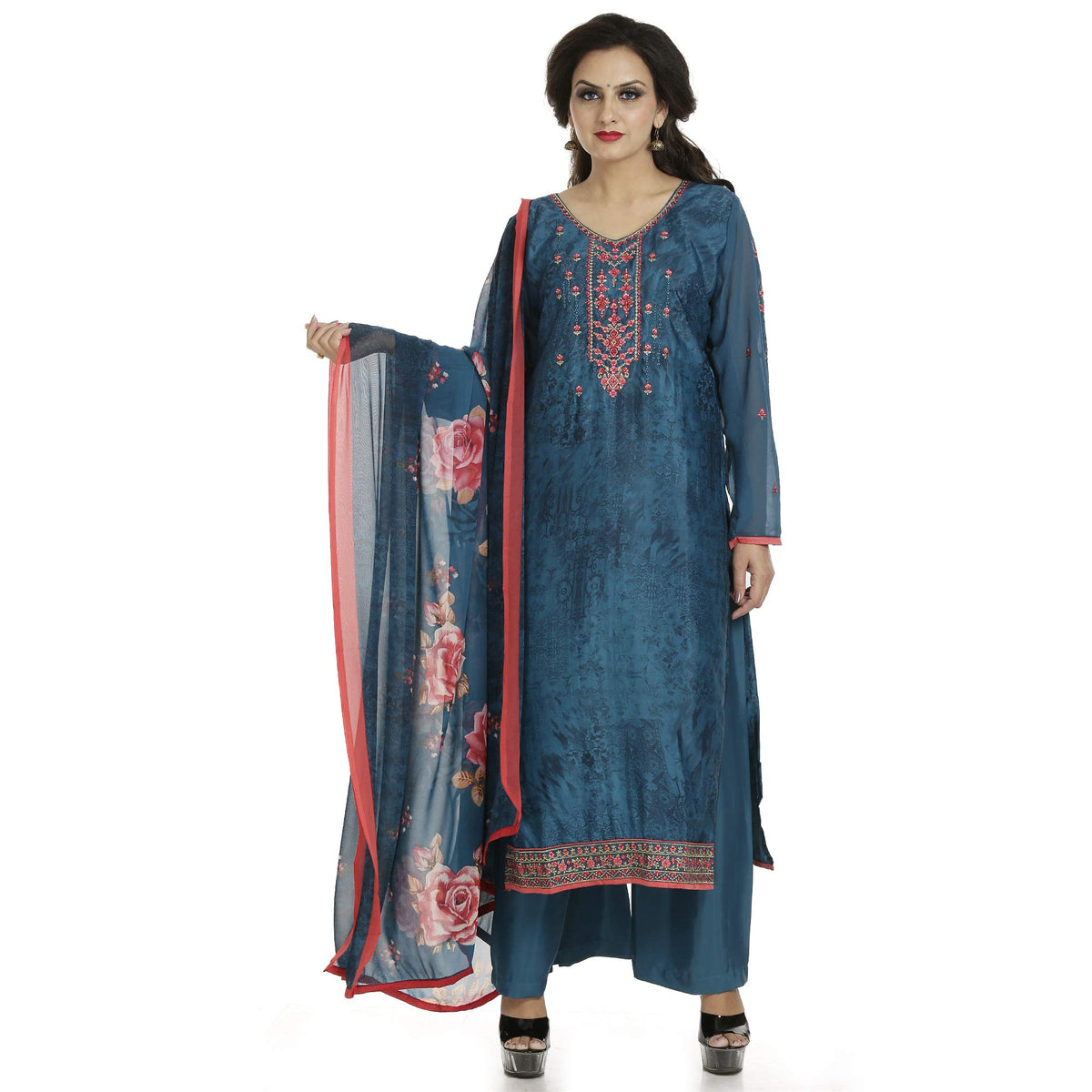 DRAVINAM Trends Women's Embroidered Pure Crepe Floral Printed Salwar Suit Dress Material with Printed Georgette Dupatta (Unstitched)