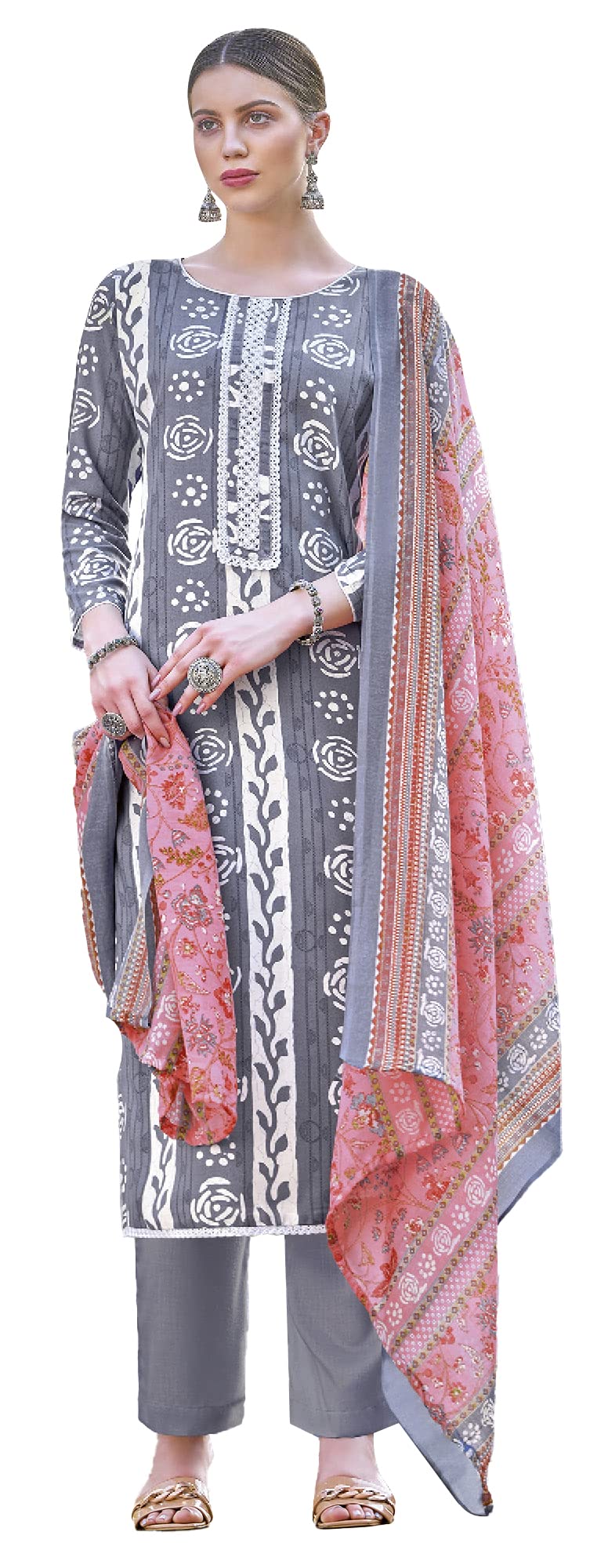 DRAVINAM Trends Unstitched Rayon Kurta Pant Dress Material Set with Cotton Printed Dupatta for Women