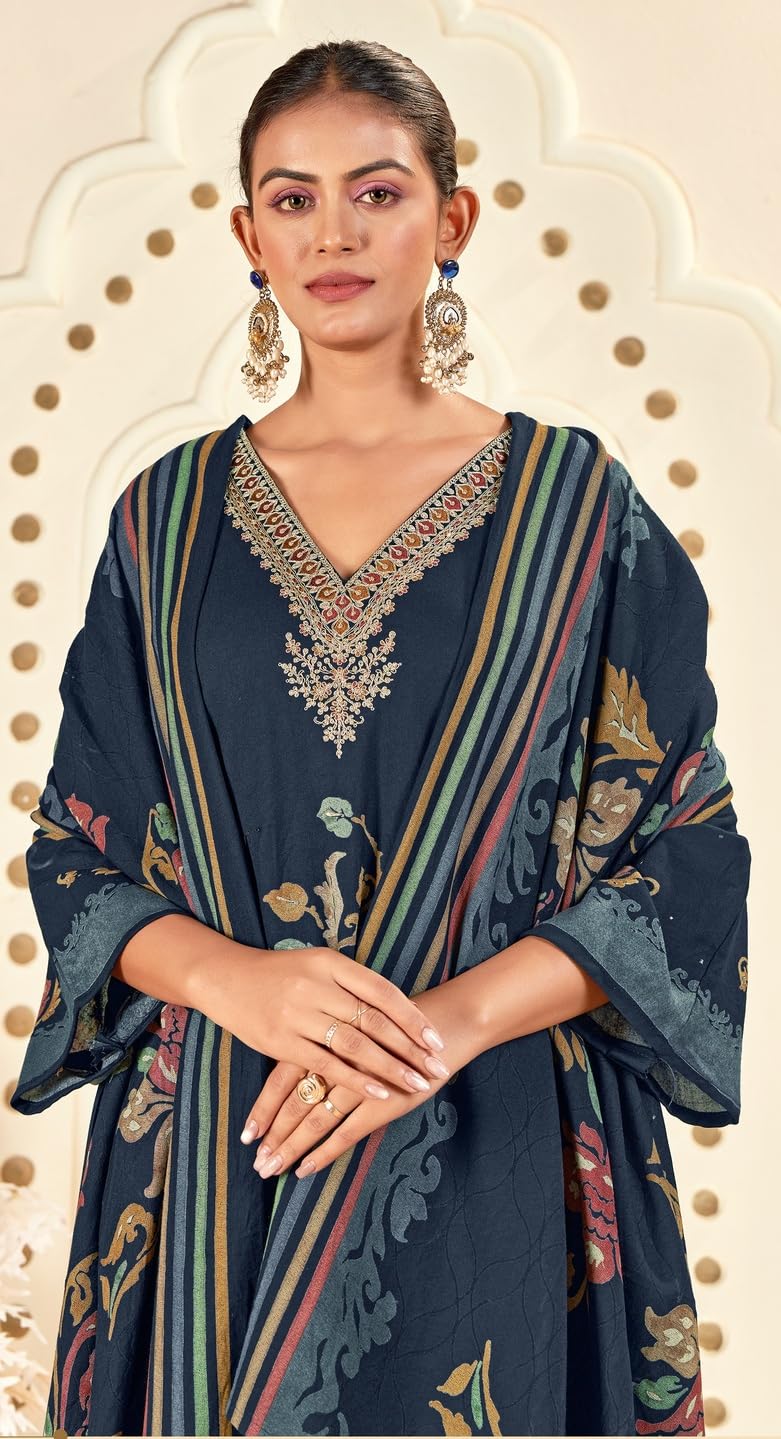 DRAVINAM Trends Women's Winter Wear Unstitched Digital Floral Printed Heavy Neck Embroidered Viscose Pashmina Woollen Salwar Suit Dress Material with Pashmina Digital Printed Brasso Shawl Dupatta