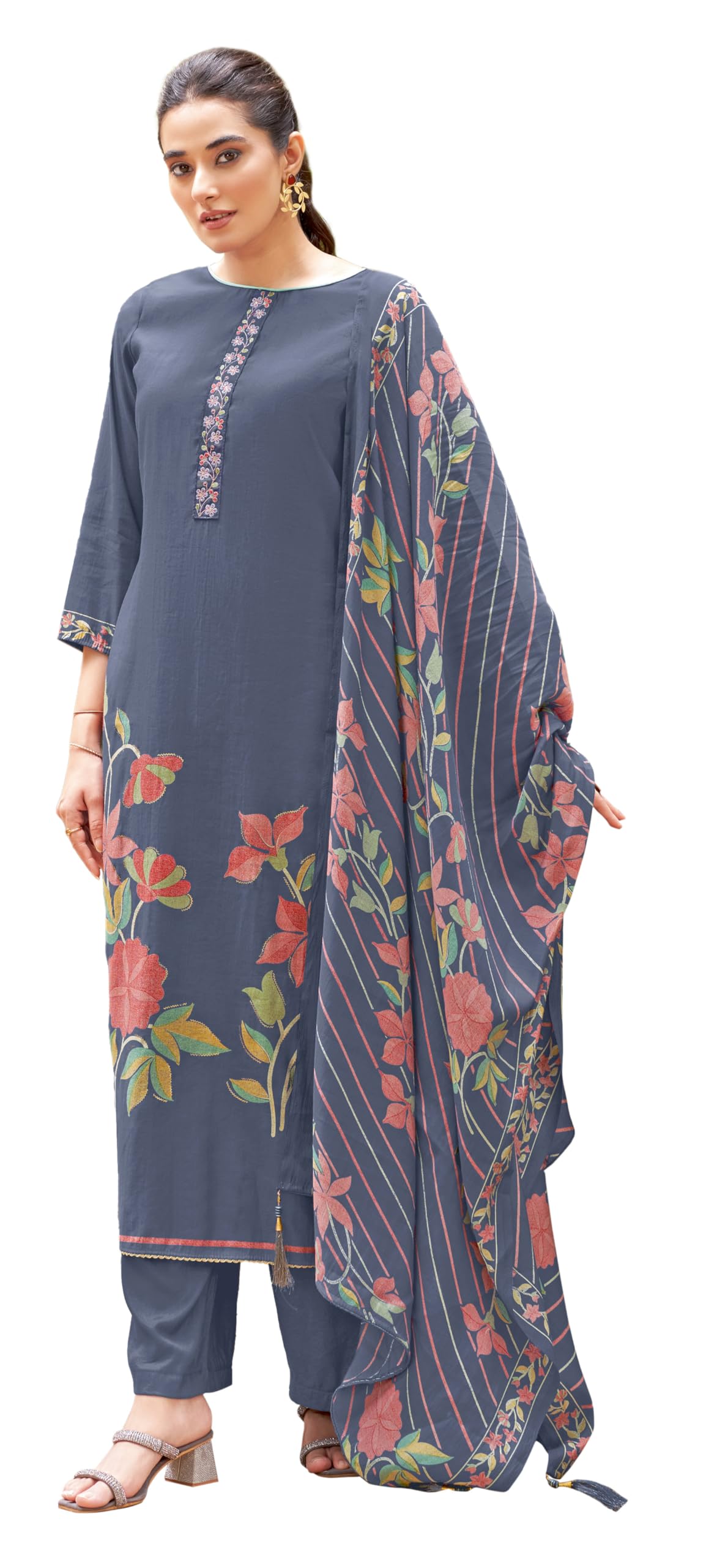 DRAVINAM Trends Women's Unstitched Salwar Suit Dress Material Modal Silk Discharge Foil Print Embroidered Kameez Plain Unstitched Bottoms and Modal Silk Discharge Foil Print Dupatta