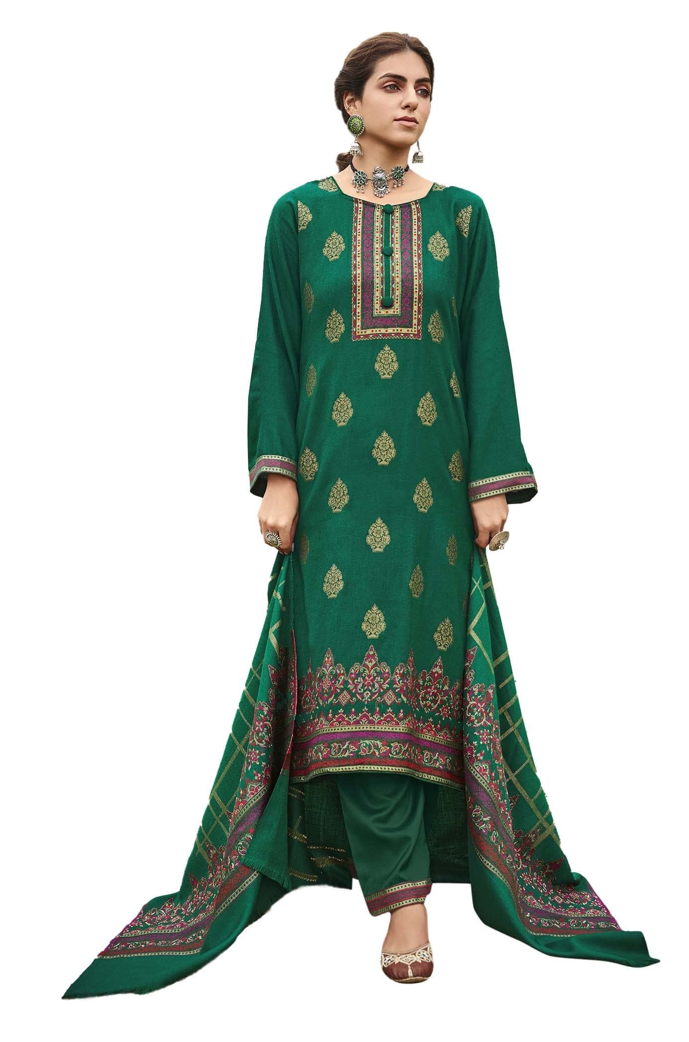 DRAVINAM Trends Women's Unstitched Kaani Weaving Woollen Pashmina Salwar Suit Dress Material with Pashmina Kani Weaving Pure Wool Shawl Dupatta (Free Size_Green)