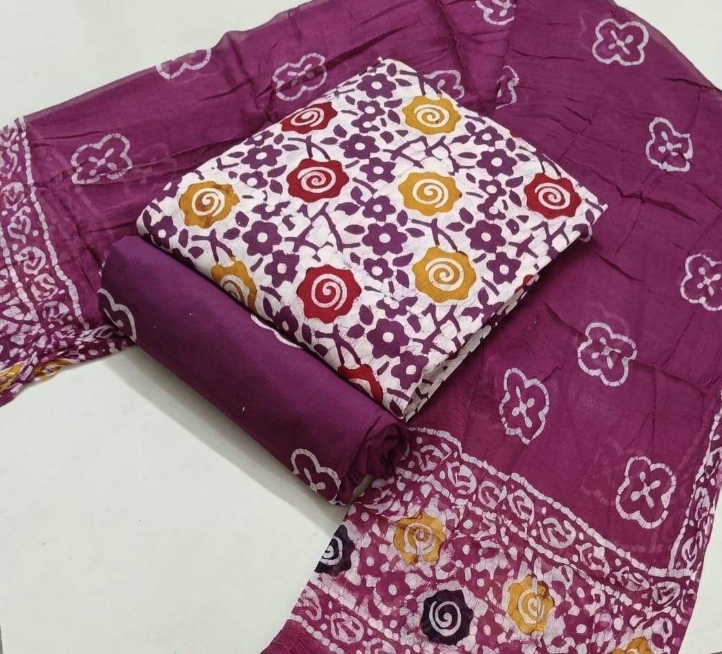 DRAVINAM Trends Unstitched Jaipuri Handmade Wax Batik Print Premium Cotton Dress Material with Pure Chiffon Dupatta