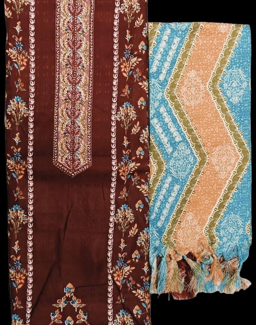 Women's Kashmiri Printed Pashmina Unstitch Salwar Suit Set – Includes 2.5 m Kameez, Heavy Spun Plain Bottom Fabric (Salwar, Pants, Dhoti, Palazzo, Chudidar Options), & 2.25 m Printed Shawl/Dupatta