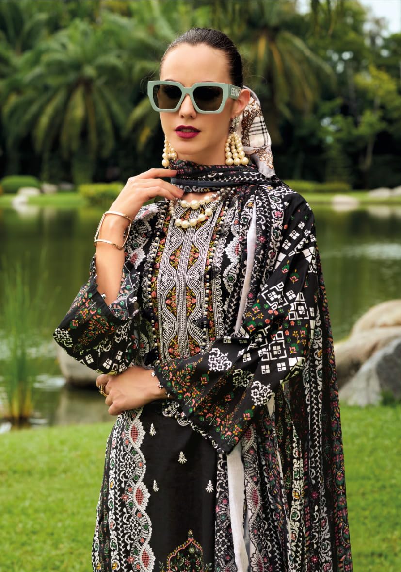 DRAVINAM Trends Kurti 2.50 mtrs, Pure Cotton (3 mtrs apx), Pure MAL MAL Cotton Dupatta Digital Print|Black 1