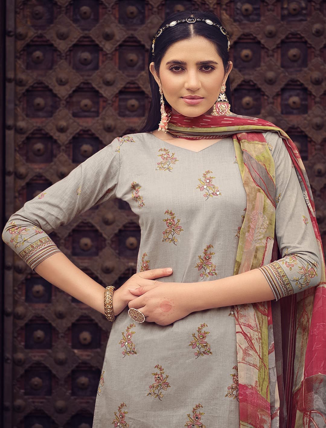 DRAVINAM Trends Unstitched Printed Mirror Work Cotton Salwar Suits Dress Material with Chiffon Dupatta (Green)