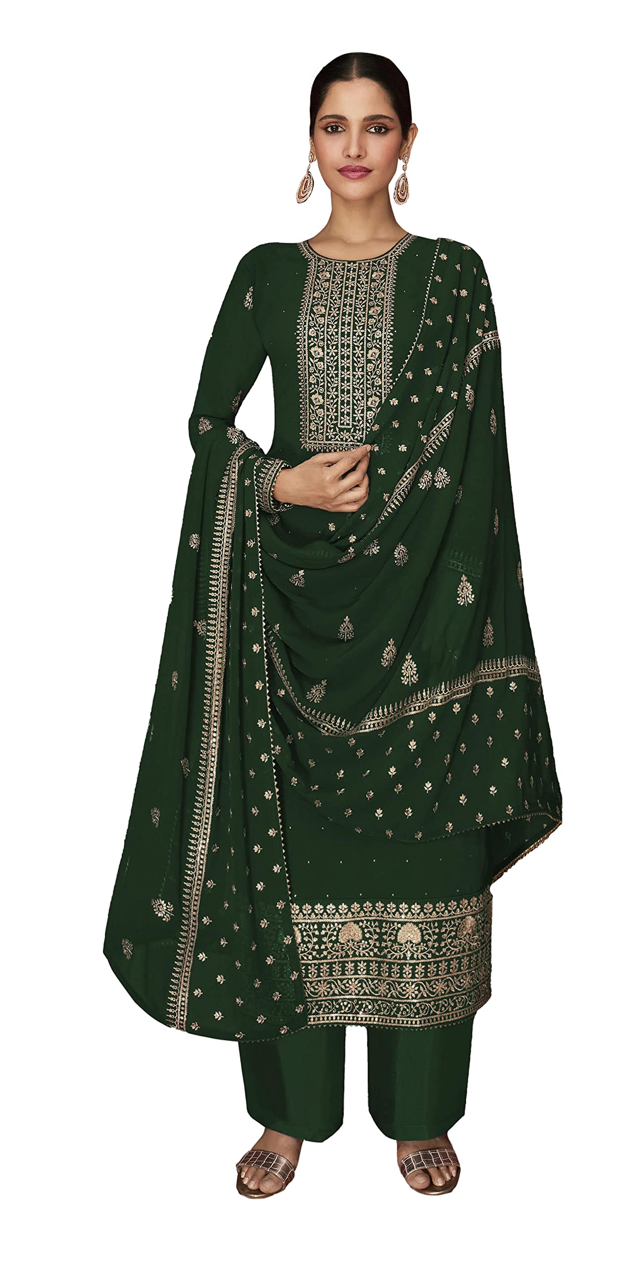 DRAVINAM Trends Women's Pure Georgette Zari Embroidered Sharara suit Dress Material with Embroidered Georgette Dupatta (Free Size_Bottle Green)