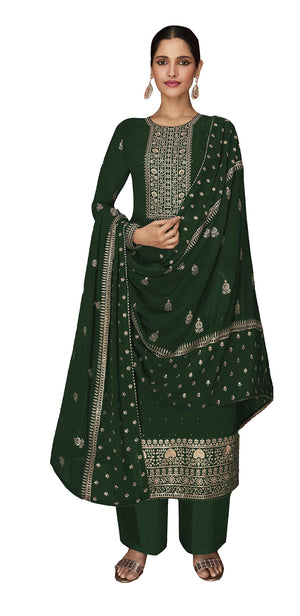 DRAVINAM Trends Women's Pure Georgette Zari Embroidered Sharara suit Dress Material with Embroidered Georgette Dupatta (Free Size_Bottle Green)
