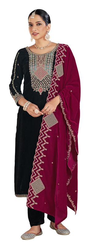 DRAVINAM Trends Women's Unstitch Premium Velvet Fancy Embroidery Winter Wear Salwar Suit Material With Unstitch Bottoms and Piping Dupatta