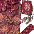 Women's Elegant Maroon Chanderi Block Printed Unstitched Salwar Suit Dress Material with Shantoon Bottom & Zari Border Dupatta