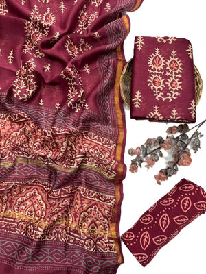 Women's Elegant Maroon Chanderi Block Printed Unstitched Salwar Suit Dress Material with Shantoon Bottom & Zari Border Dupatta