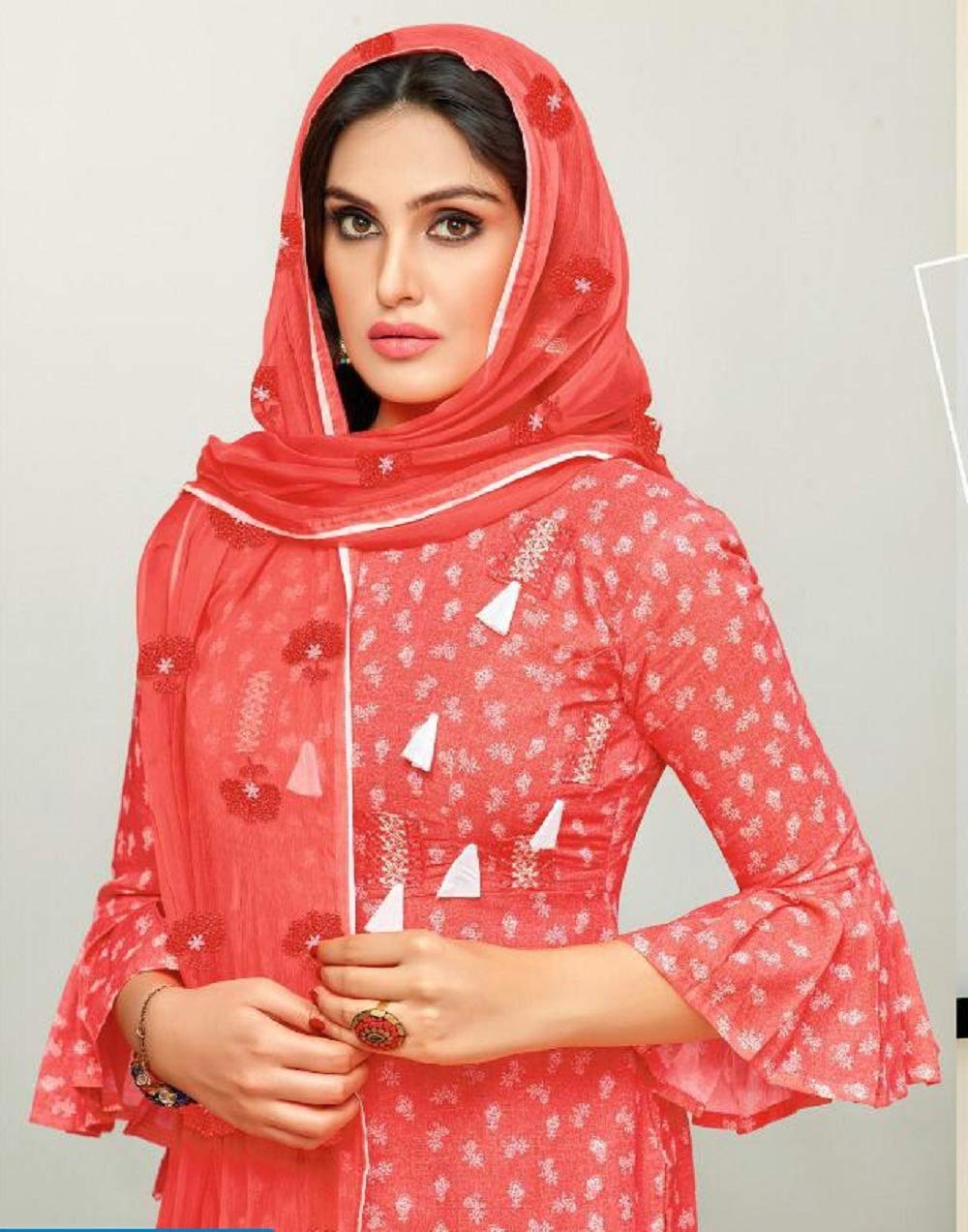 DRAVINAM Trends Women's Unstitched Cotton Printed Salwar Suit Dress Material with embroidered Nazmeen Dupatta (Free size_Light Orange)