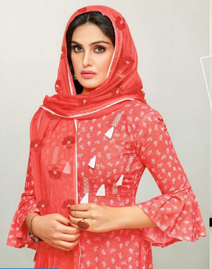 DRAVINAM Trends Women's Unstitched Cotton Printed Salwar Suit Dress Material with embroidered Nazmeen Dupatta (Free size_Light Orange)