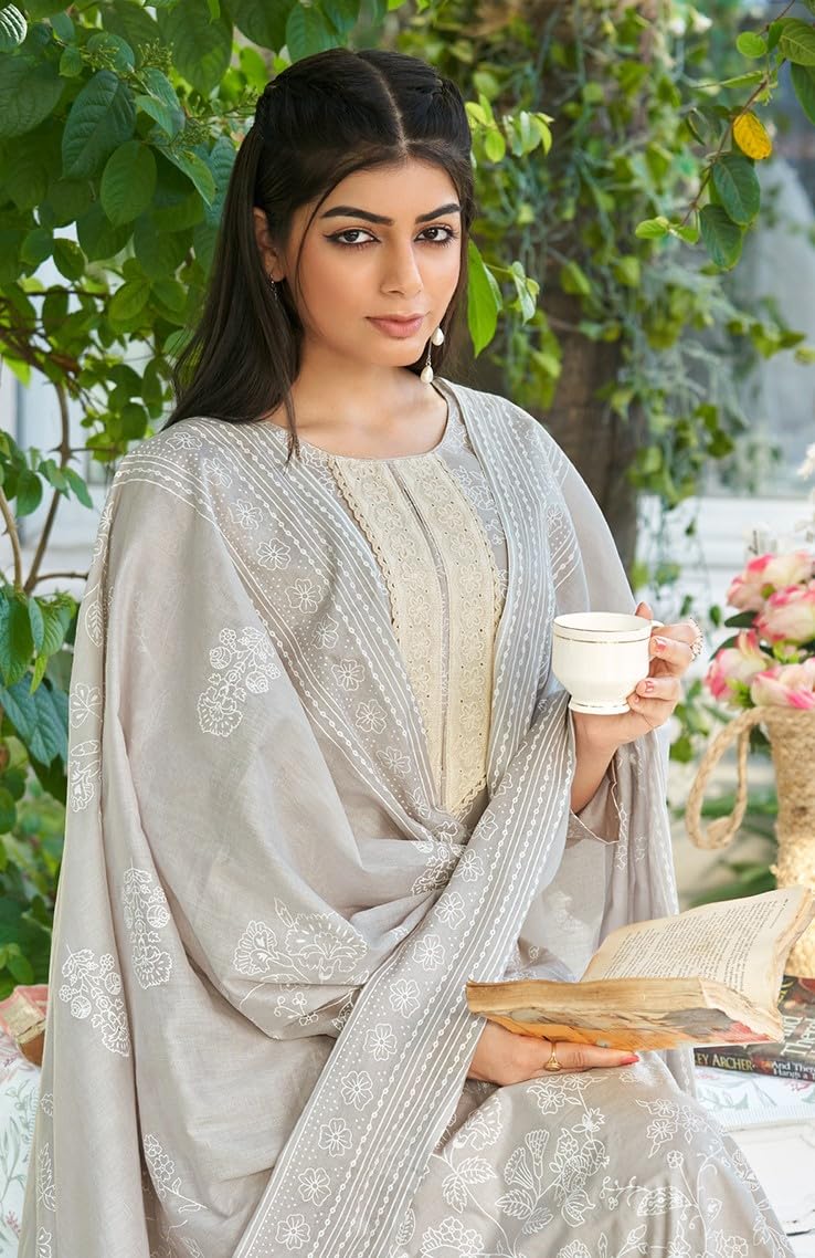 DRAVINAM Trends Cambric Cotton Embroidered Ladies Suit Dress Material with Unstitched Bottoms and Cotton Dupatta