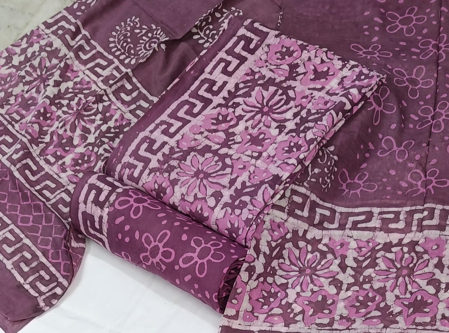 DRAVINAM Trends Hand Block Print Sanganeri Cambric Unstitched Cotton Suit Dress Material for Women with Mulmul Cotton Hand Printed Dupatta