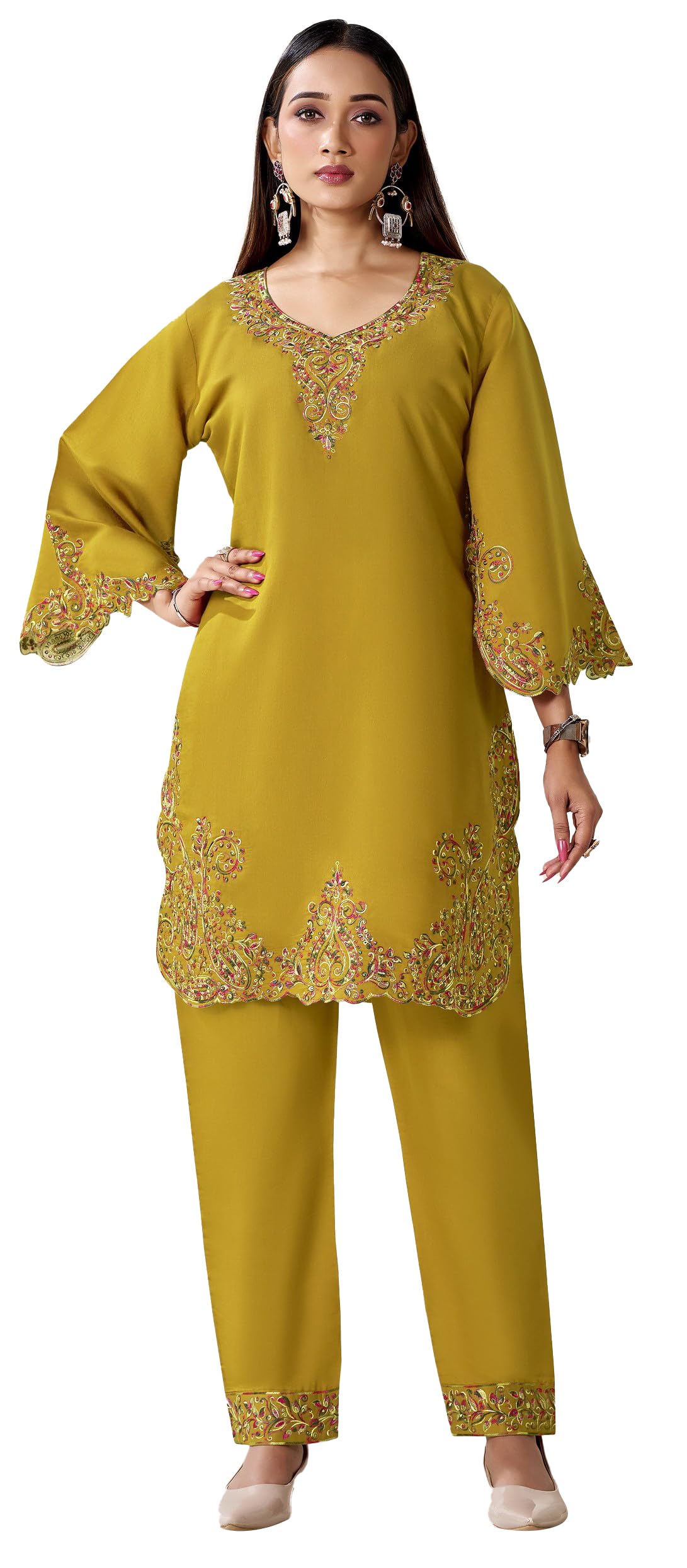 DRAVINAM Trends Women's Stitched Kashmiri Embroidered Pure Roman Silk Co-ord Set II Top II Pants (L / 40)