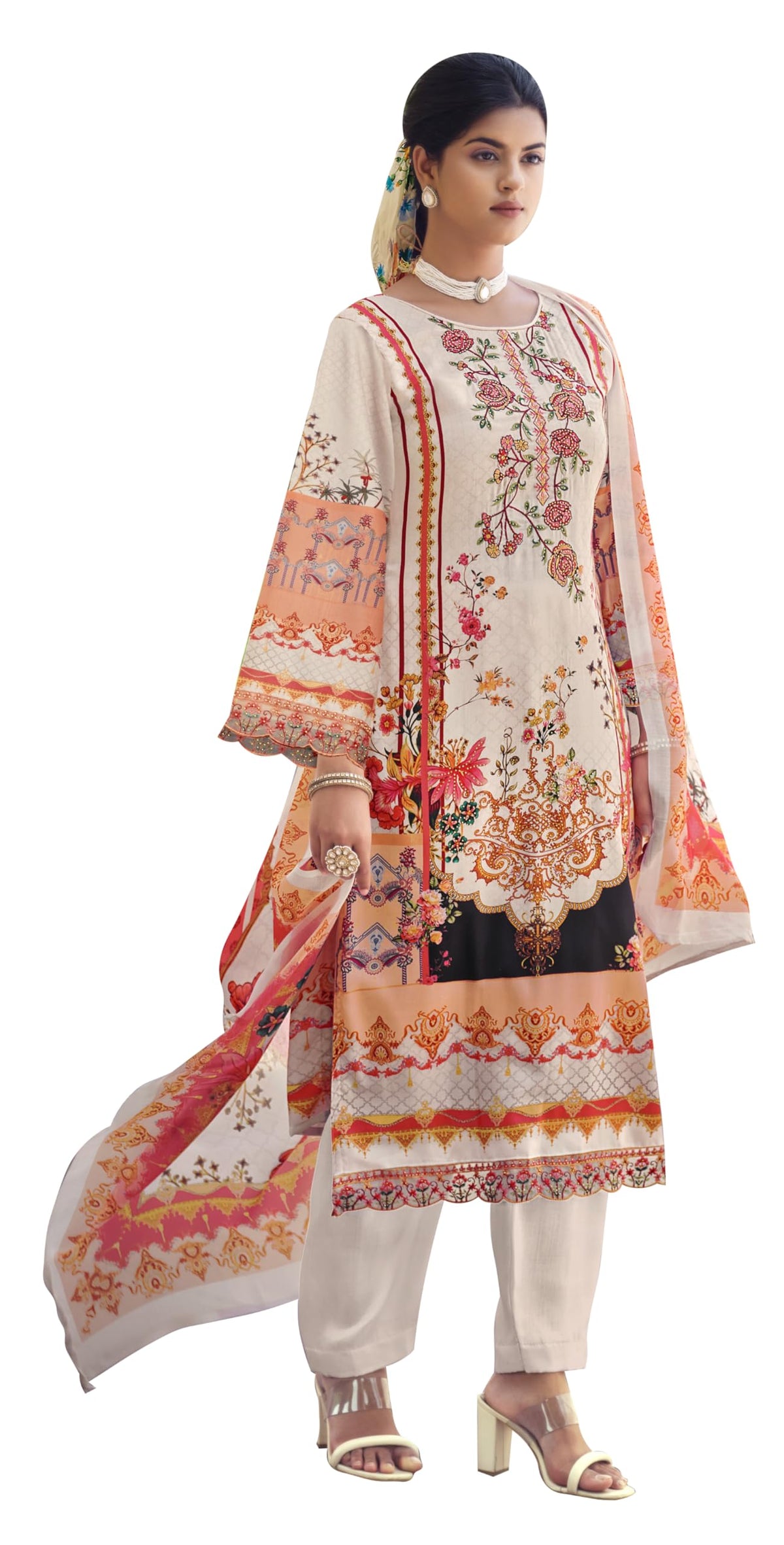 DRAVINAM Trends Unstitched Suit Material II Jam Cotton Pakistani Digital Printed Neck and Daman Embroidered Swaroski Work Kameez II Unstitched Bottoms II Cotton Maslin Dupatta