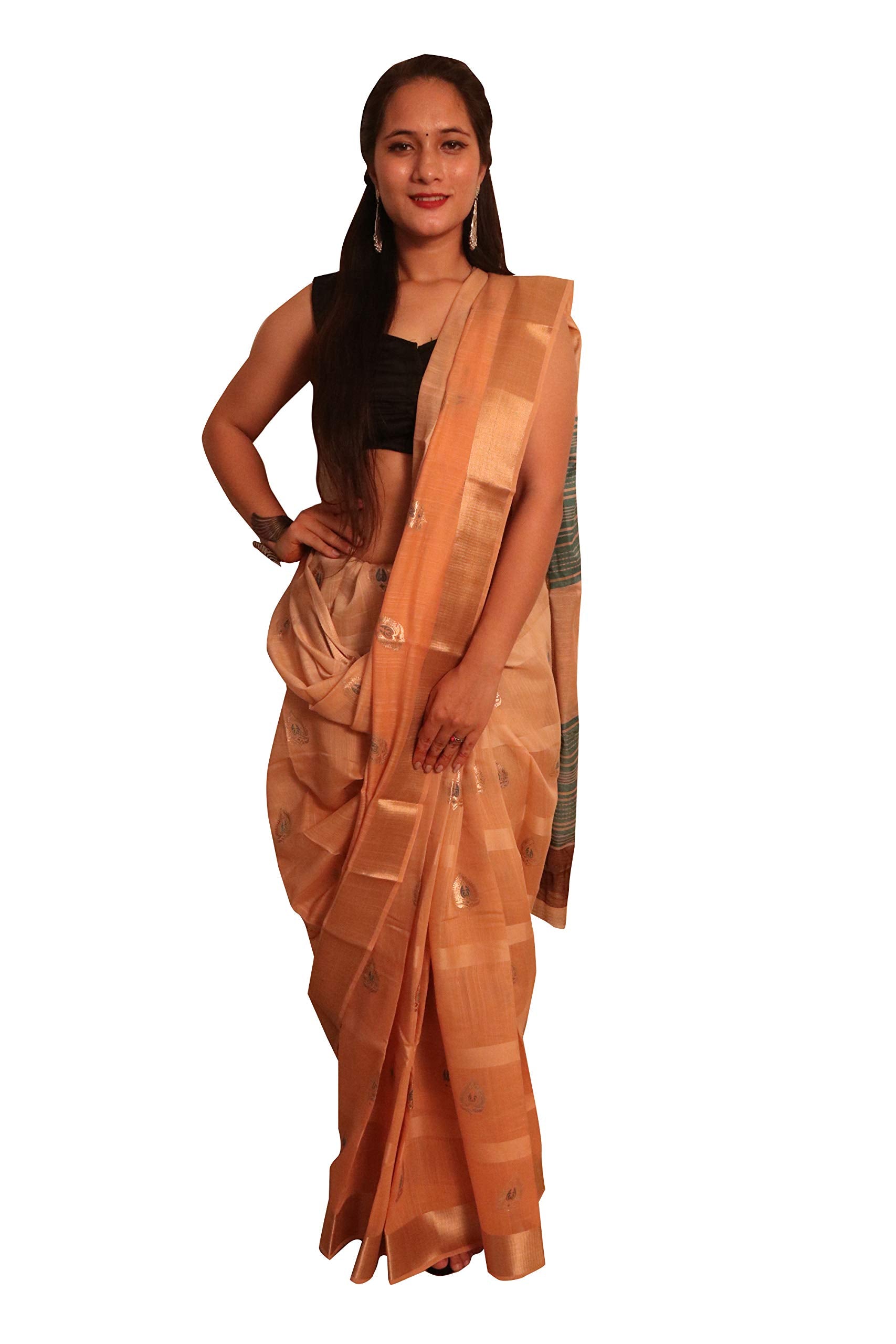 DRAVINAM Trends Women's Soft Blended Cotton Saree with Border and Buti (with Blouse Piece) (Sea Green and Pink)
