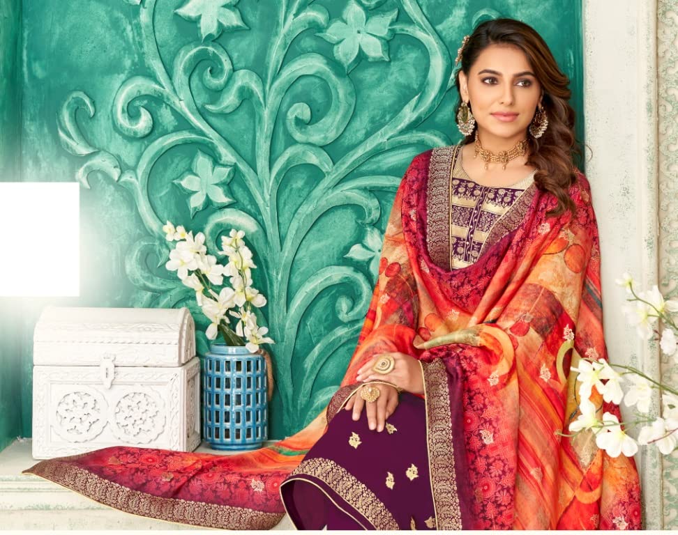 DRAVINAM Trends Women's Pure Dola Silk jacquard Bandhani Digital printed Sharara style Unstitched Suit Dress material with Pure Dola silk Woven Banarasi Dupatta (Free size_Pink)