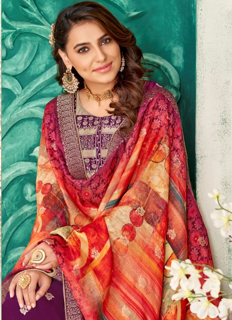 DRAVINAM Trends Women's Pure Dola Silk jacquard Bandhani Digital printed Sharara style Unstitched Suit Dress material with Pure Dola silk Woven Banarasi Dupatta (Free size_Pink)