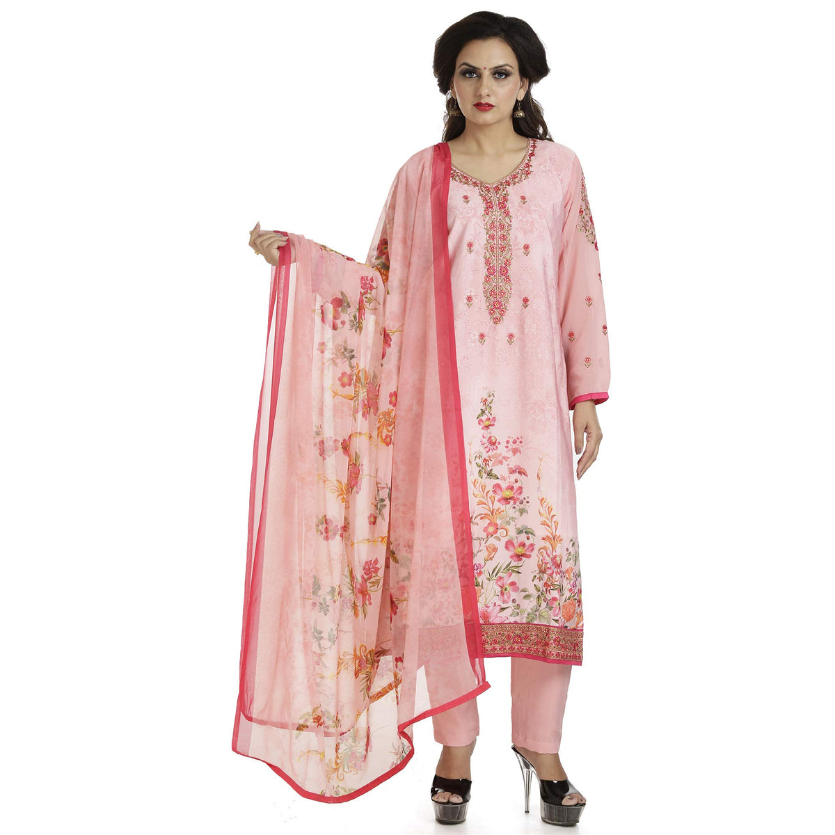 DRAVINAM Trends Women's Embroidered Pure Crepe Floral Printed Salwar Suit Dress Material with Printed Georgette Dupatta (Unstitched)