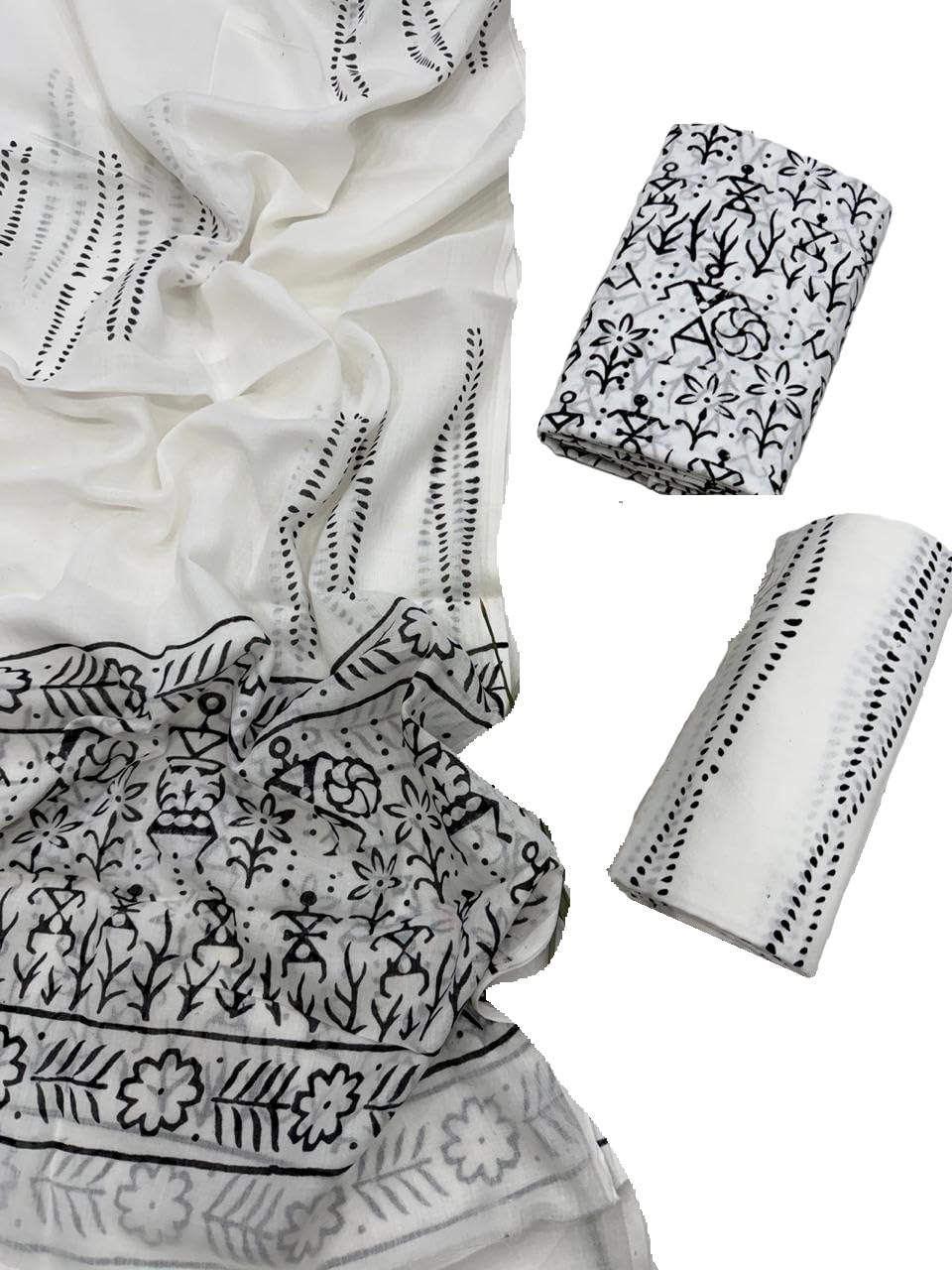 Hand Block Print Sanganeri Cambric Unstitched Cotton Suit Dress Material for Women with Mulmul Cotton Hand Printed Dupatta