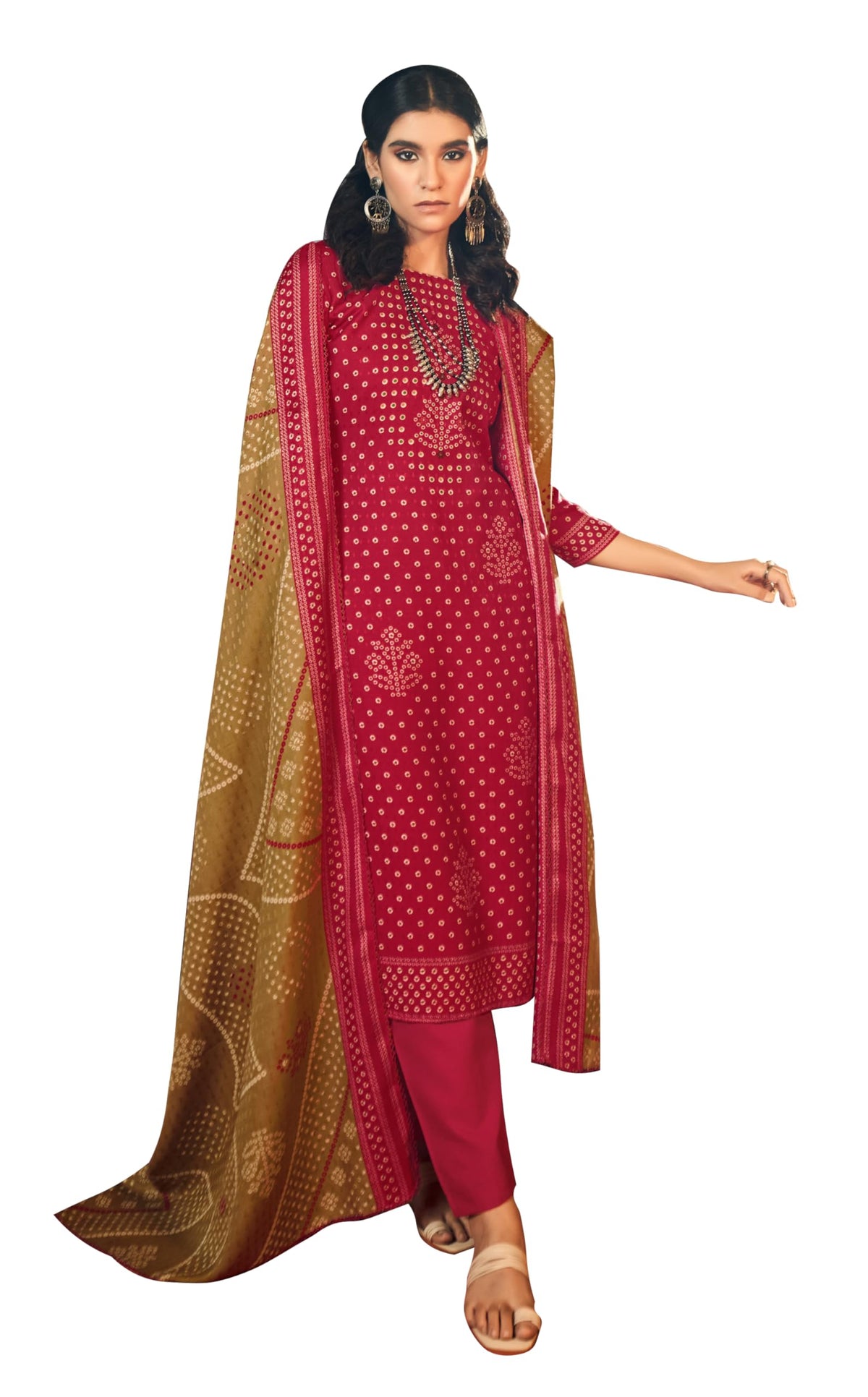 DRAVINAM Trends Women's Unstitched Bandhani Printed Woollen Pashmina Salwar Suit Dress Material with and Pashmina Printed Shawl Dupatta (Free Size_Yellow)
