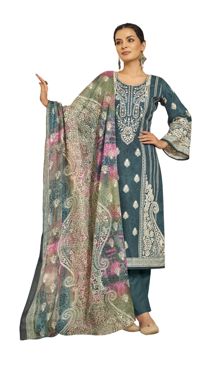 DRAVINAM Trends Unstitched Pakistani Embroidered Pure Cotton Salwar Suit Dress Materials with Cotton Dupatta
