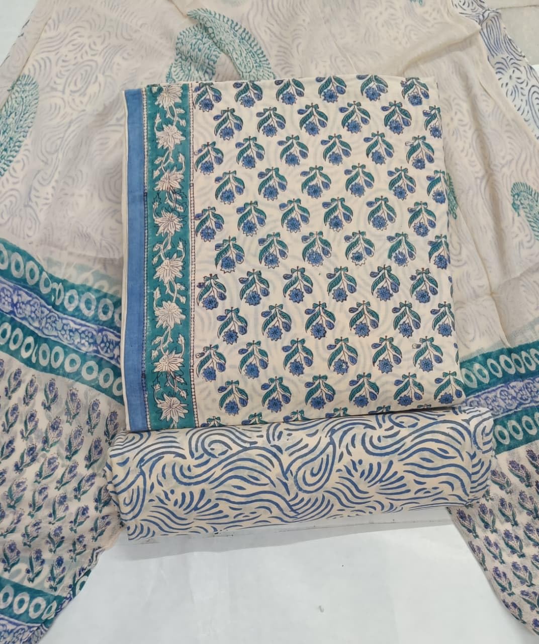DRAVINAM Trends Hand Block Print Cambric Cotton Unstitched Salwar Suit Set for Women with Pure Chiffon Hand Printed Dupatta