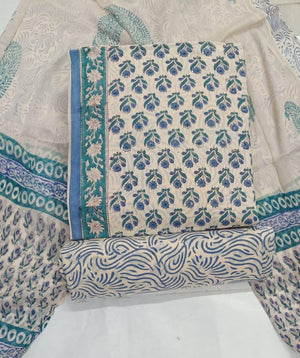 DRAVINAM Trends Hand Block Print Cambric Cotton Unstitched Salwar Suit Set for Women with Pure Chiffon Hand Printed Dupatta