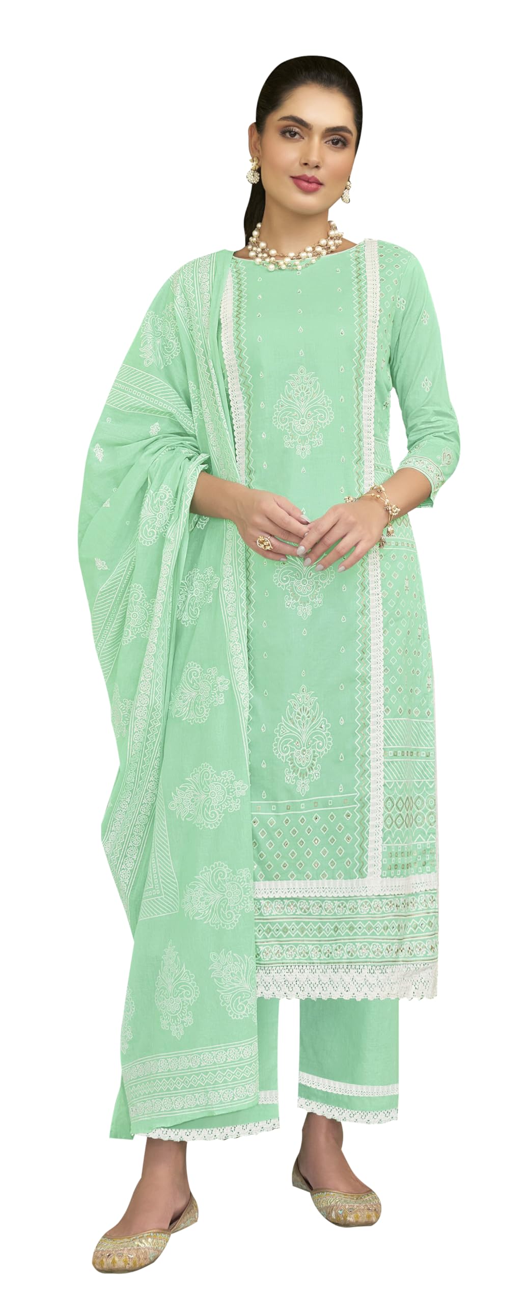 DRAVINAM Trends Unstitched Women Suit Material – Handwork and Lacework Cambric Cotton Printed Top, Cotton Bottoms and Cotton Mal Mal Printed Dupatta