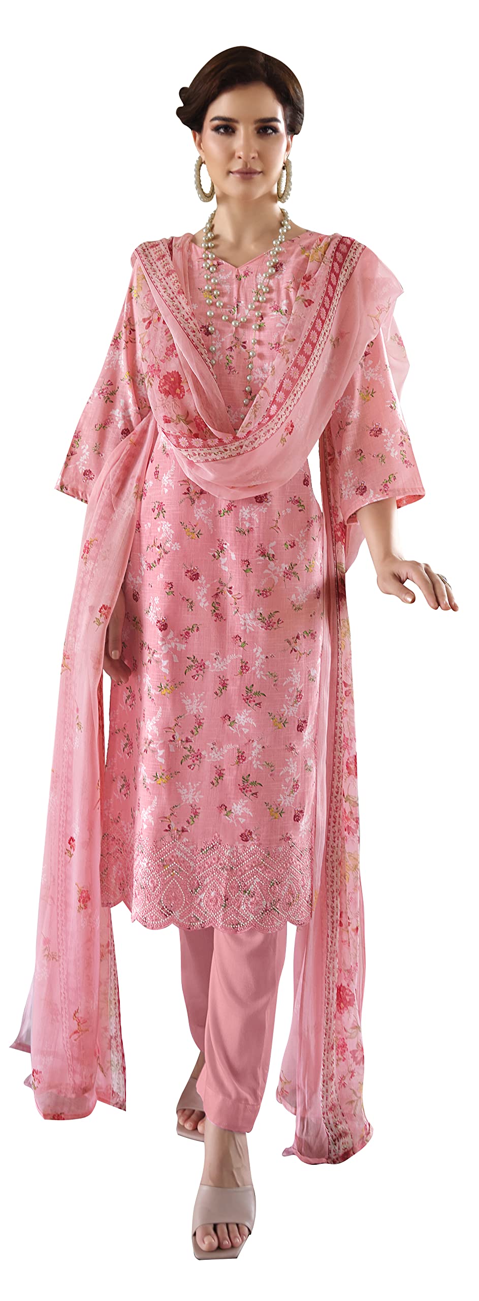 DRAVINAM Trends Unstitched Printed Embroidery Work Cotton Salwar Suits Dress Material with Chiffon Dupatta (Pink)