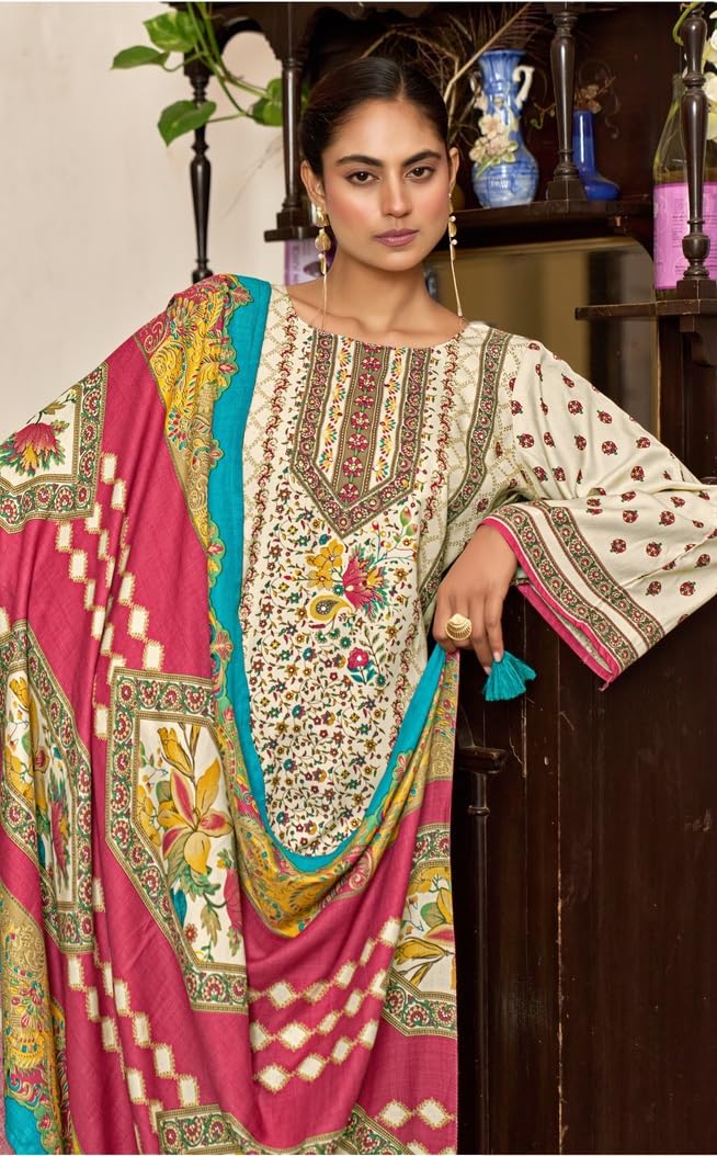 DRAVINAM Trends Women's Winter Wear Unstitched Digital Kani Printed Viscose Pashmina Woollen Salwar Suit Dress Material with Khatli Work Foil touchup and Pashmina Digital Printed Shawl Dupatta