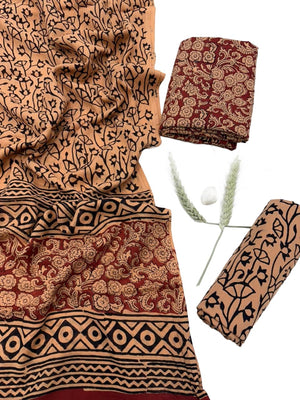 DRAVINAM Trends Hand Block Print Sanganeri Cambric Unstitched Cotton Suit Dress Material for Women with Mulmul Cotton Hand Printed Dupatta