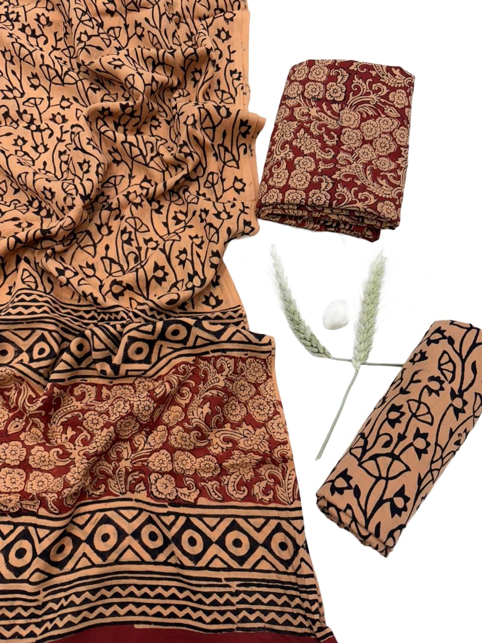 DRAVINAM Trends Hand Block Print Sanganeri Cambric Unstitched Cotton Suit Dress Material for Women with Mulmul Cotton Hand Printed Dupatta