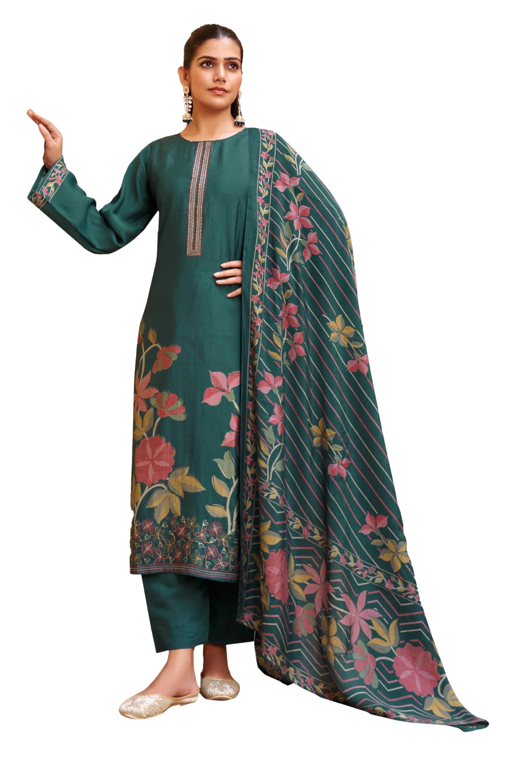 DRAVINAM Trends Women's Unstitched Salwar Suit Dress Material Pure Viscose Maslin Digital Foil Print Embroidered Kameez Plain Unstitched Bottoms and Maslin Digital print Dupatta