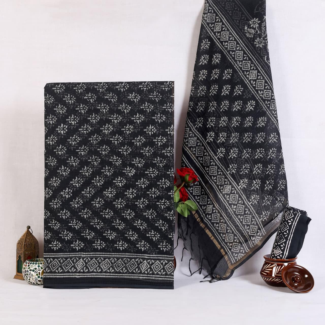 DRAVINAM Trends Jaipuri Hand Block Print Pure Kota Doriya Unstitched Suit Dress Material with Kota Doriya Hand Printed Dupatta