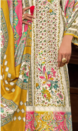 DRAVINAM Trends Women's Winter Wear Unstitched Digital Kani Printed Viscose Pashmina Woollen Salwar Suit Dress Material with Khatli Work Foil touchup and Pashmina Digital Printed Shawl Dupatta