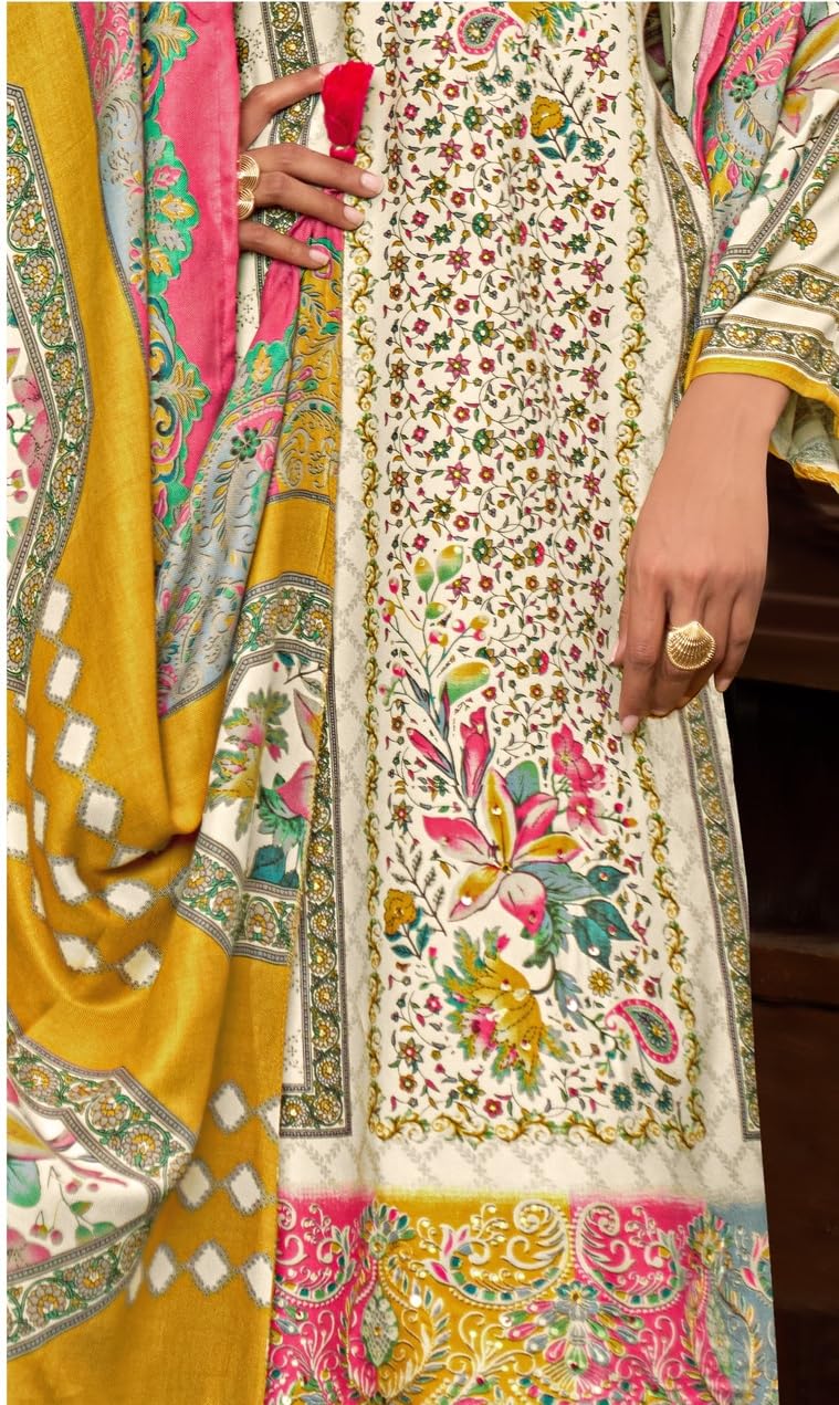 DRAVINAM Trends Women's Winter Wear Unstitched Digital Kani Printed Viscose Pashmina Woollen Salwar Suit Dress Material with Khatli Work Foil touchup and Pashmina Digital Printed Shawl Dupatta