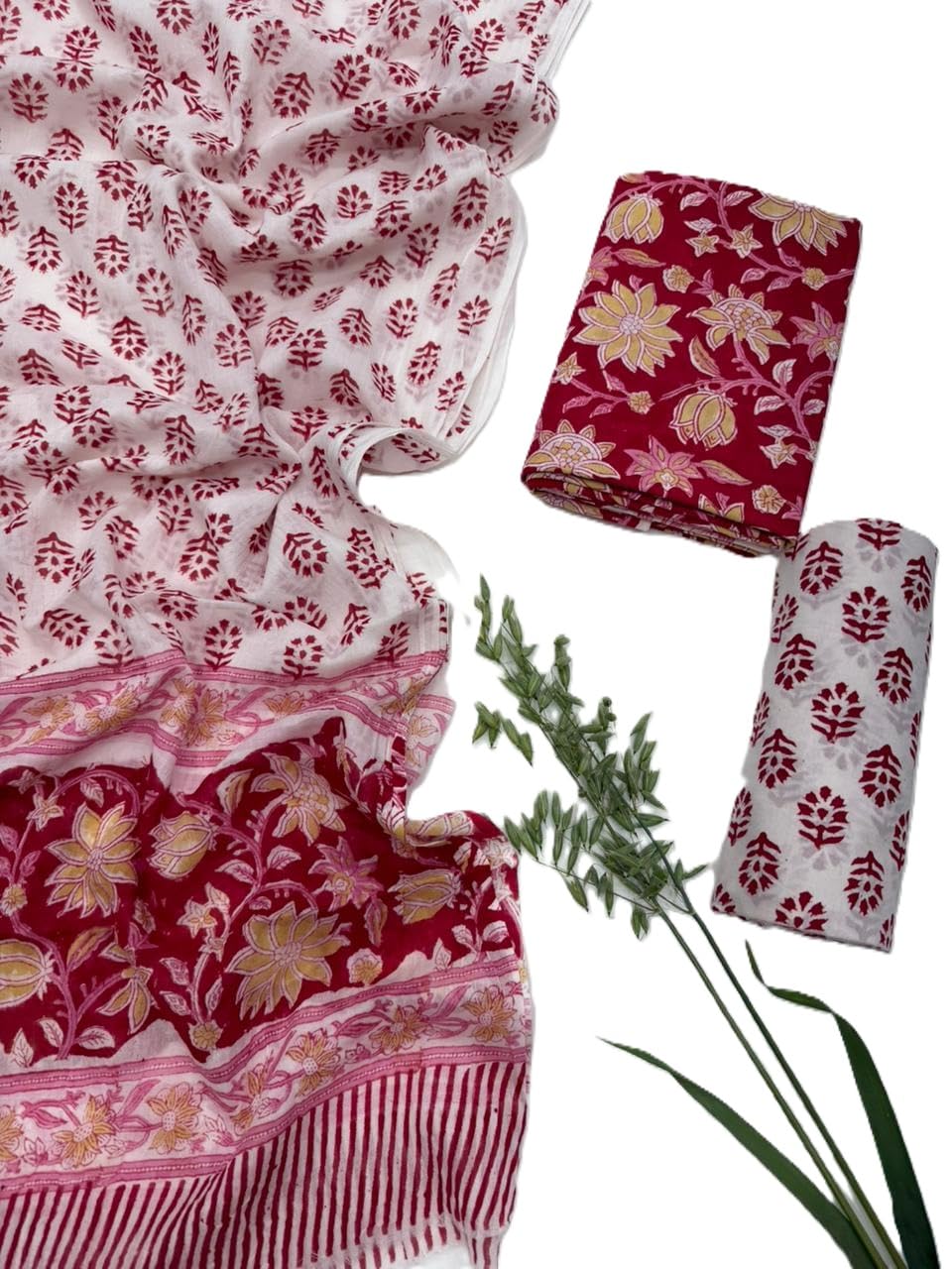 DRAVINAM Trends Premium Hand Block Floral Print Unstitched Pure Cotton Salwar Suit Set with Dupatta - Red & White