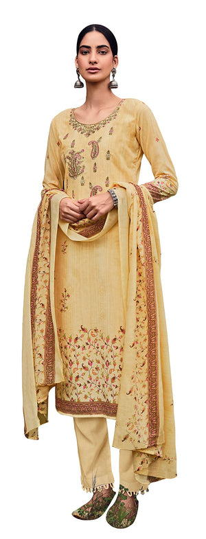 DRAVINAM Trends Unstitched Printed Embroidery Work Pure Cotton Salwar Suits Dress Material with Cotton Dupatta (Beige)