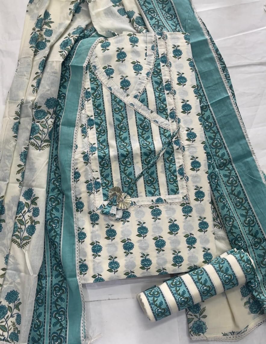 DRAVINAM Trends Women's Premium Cotton Unstitched Salwar Suit Dress Material Set | Traditional Jaipuri Block Print Angrakha Style Suit Material (Off White and Green)