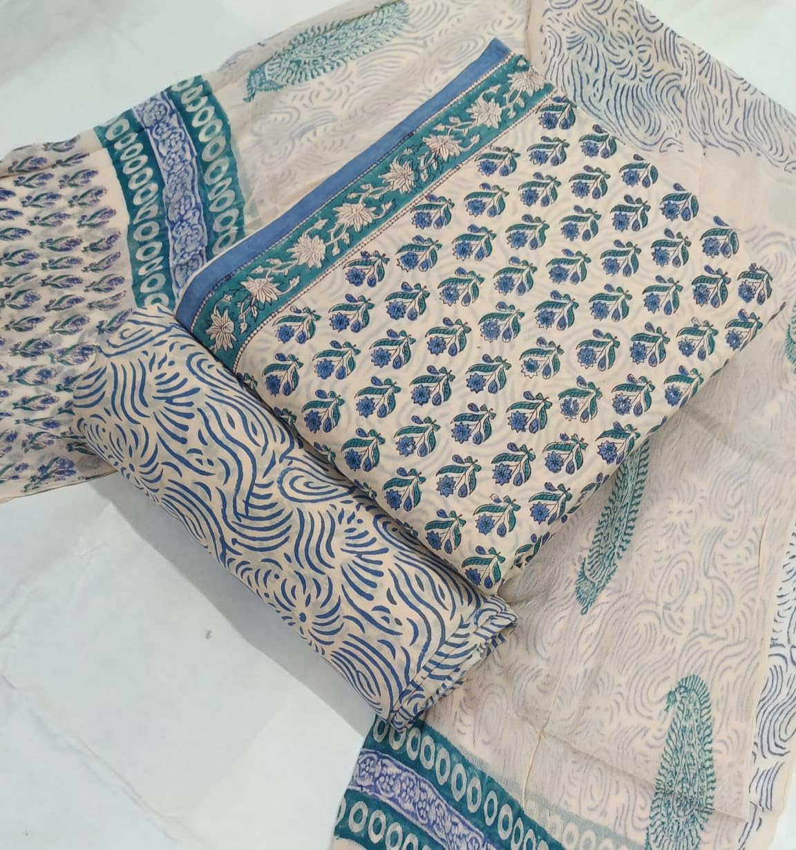 DRAVINAM Trends Hand Block Print Cambric Cotton Unstitched Salwar Suit Set for Women with Pure Chiffon Hand Printed Dupatta