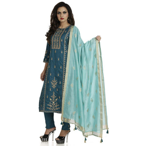 DRAVINAM Trends Women's Full Stitched Silk Zari Embroidered Pant Style Salwar Suit with Jacquard Dupatta (Greenish Blue and Light Green)