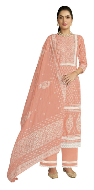 DRAVINAM Trends Unstitched Women Suit Material – Handwork and Lacework Cambric Cotton Printed Top, Cotton Bottoms and Cotton Mal Mal Printed Dupatta