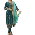DRAVINAM Trends Women's Full Stitched Silk Zari Embroidered Pant Style Salwar Suit with Jacquard Dupatta (Greenish Blue and Light Green)